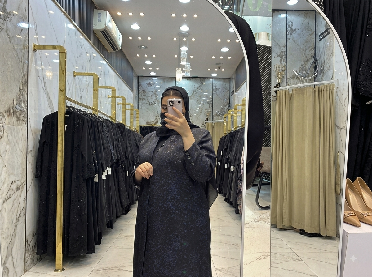 عباية كحلية بنقوش ورقية وأزرار أماميّة