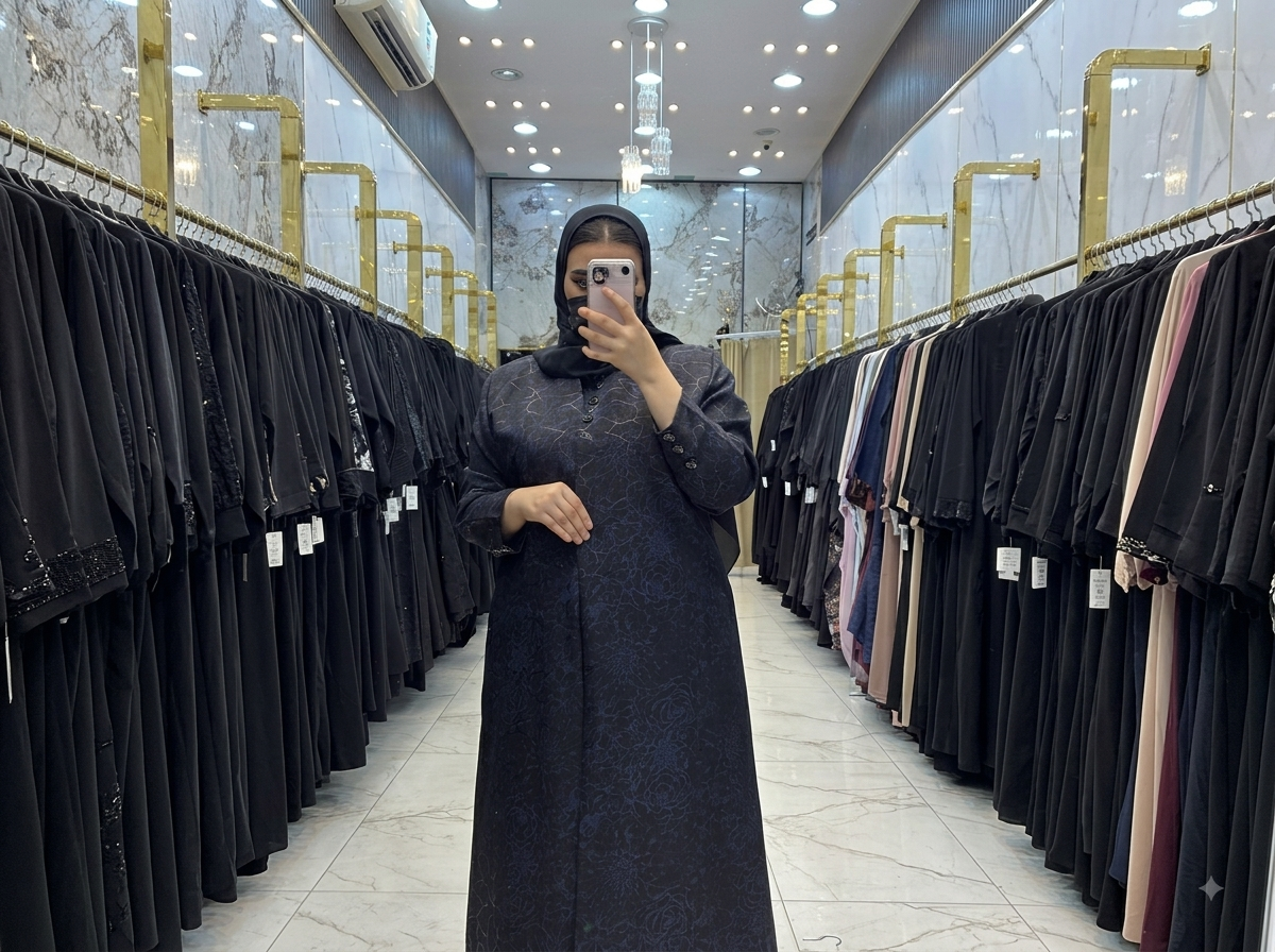 عباية كحلية بنقوش ورقية وأزرار أماميّة